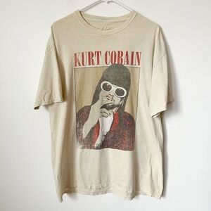 Kurt Cobain Short Sleeve Yellow T-Shirt Ushanka Mens Large Distressed Cotton